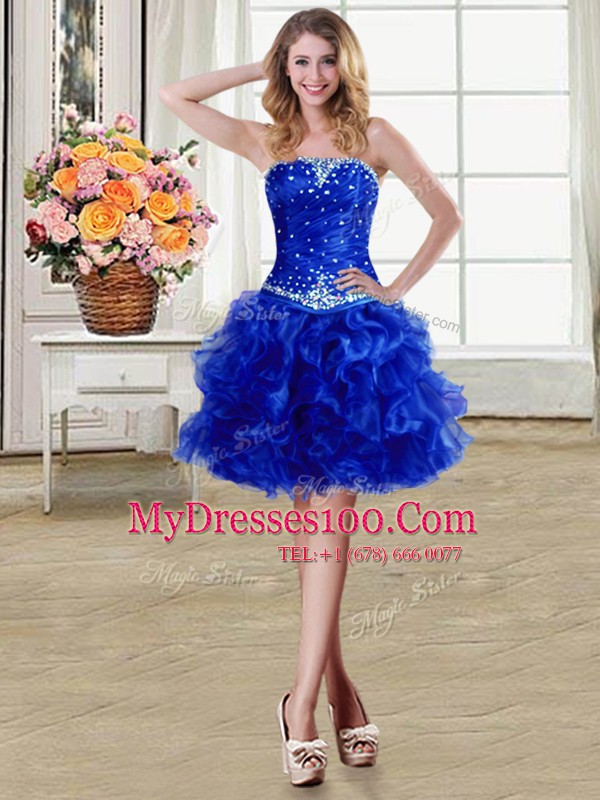 Popular Royal Blue Lace Up Strapless Beading and Ruffles Cocktail Dresses Organza Sleeveless