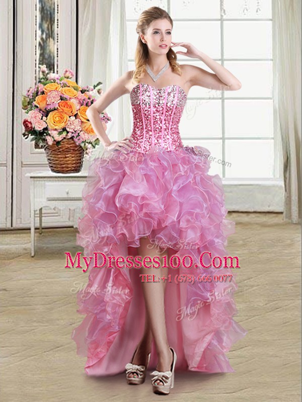 Low Price Pink Organza Lace Up Dress for Prom Sleeveless High Low Sequins