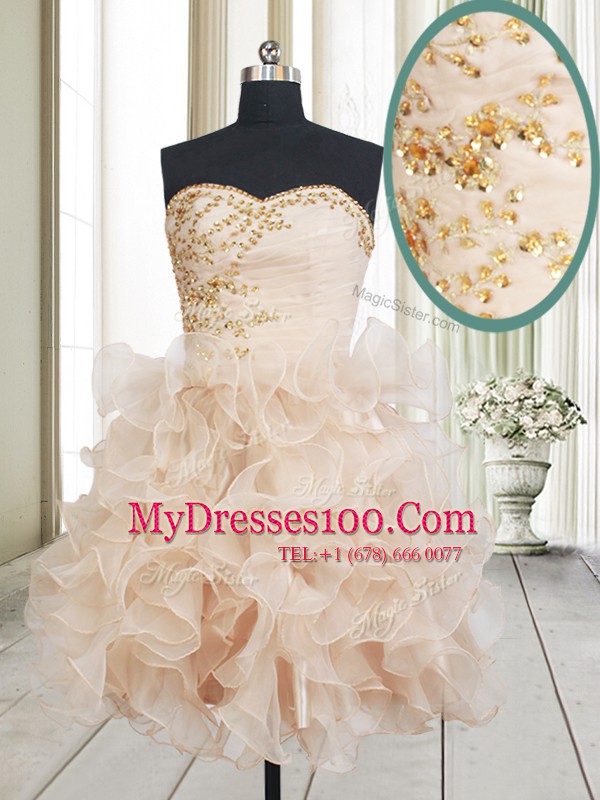 Great Champagne Sweetheart Neckline Beading and Ruffles Cocktail Dress Sleeveless Lace Up