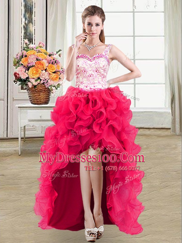 Dazzling Hot Pink Lace Up Straps Beading and Lace and Ruffles Juniors Party Dress Organza Sleeveless