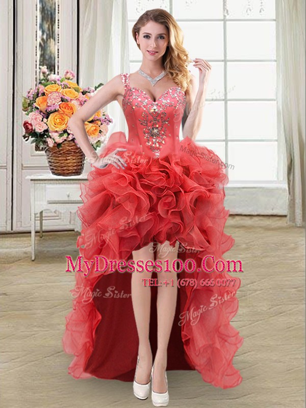 Fantastic Coral Red Lace Up Straps Beading and Ruffles Military Ball Gowns Organza Sleeveless