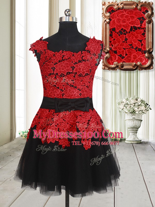 Square Sleeveless Mini Length Appliques Zipper Casual Dresses with Red And Black