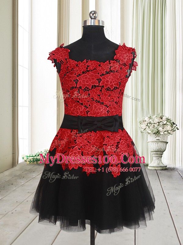 Square Sleeveless Mini Length Appliques Zipper Casual Dresses with Red And Black