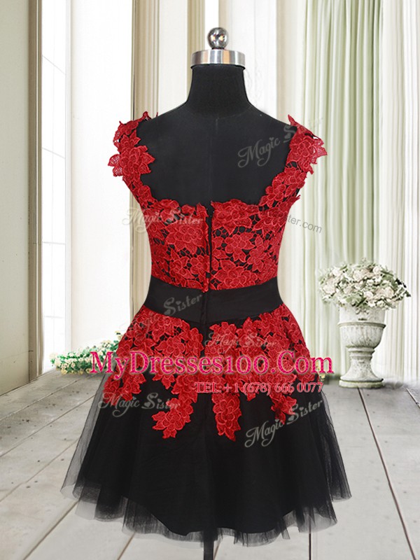 Square Sleeveless Mini Length Appliques Zipper Casual Dresses with Red And Black