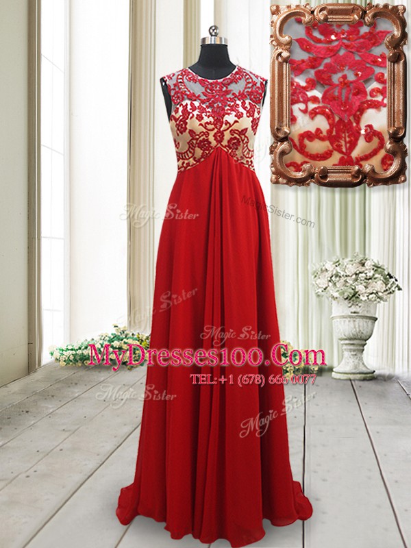 Chiffon Scoop Sleeveless Brush Train Backless Appliques Prom Party Dress in Red