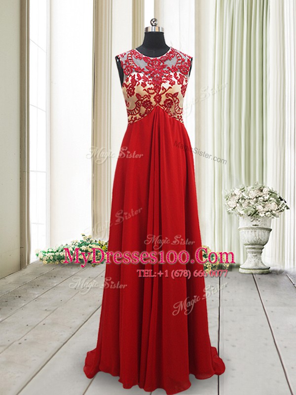 Chiffon Scoop Sleeveless Brush Train Backless Appliques Prom Party Dress in Red