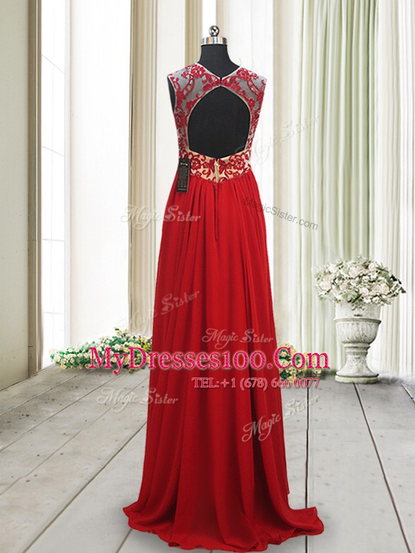 Chiffon Scoop Sleeveless Brush Train Backless Appliques Prom Party Dress in Red