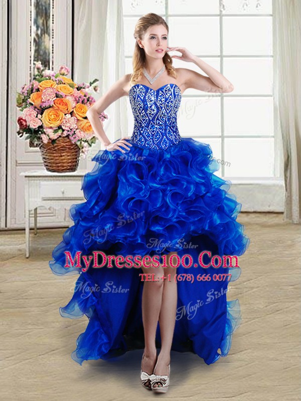 Captivating Royal Blue Ball Gowns Beading and Ruffles Party Dress Wholesale Lace Up Organza Sleeveless High Low