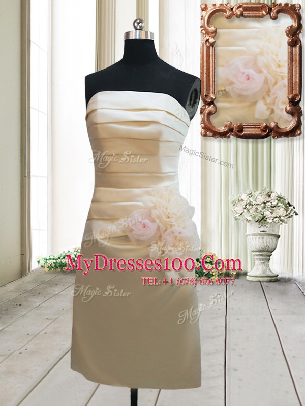 Champagne Military Ball Gown Prom and Party and For with Ruching and Hand Made Flower Strapless Sleeveless Zipper