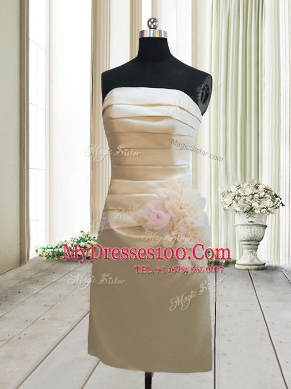 Champagne Military Ball Gown Prom and Party and For with Ruching and Hand Made Flower Strapless Sleeveless Zipper