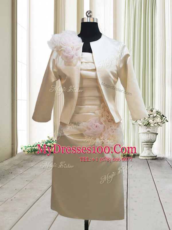 Champagne Military Ball Gown Prom and Party and For with Ruching and Hand Made Flower Strapless Sleeveless Zipper