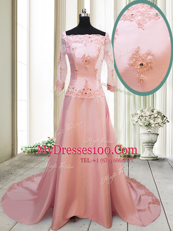 Square Peach Zipper Juniors Evening Dress Beading and Appliques Long Sleeves With Brush Train