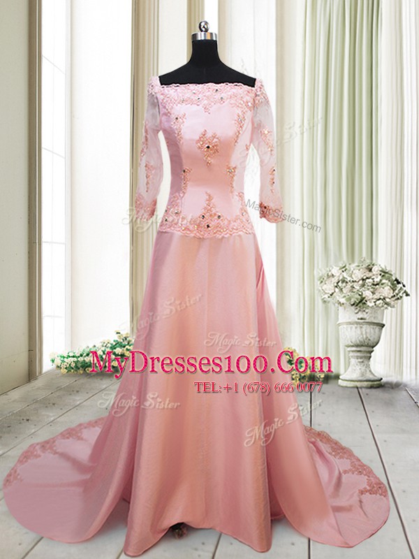 Square Peach Zipper Juniors Evening Dress Beading and Appliques Long Sleeves With Brush Train