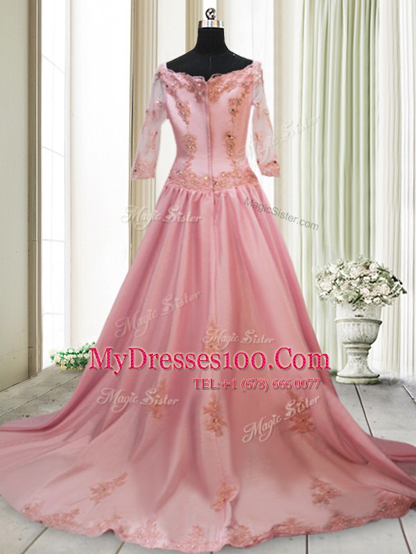 Square Peach Zipper Juniors Evening Dress Beading and Appliques Long Sleeves With Brush Train