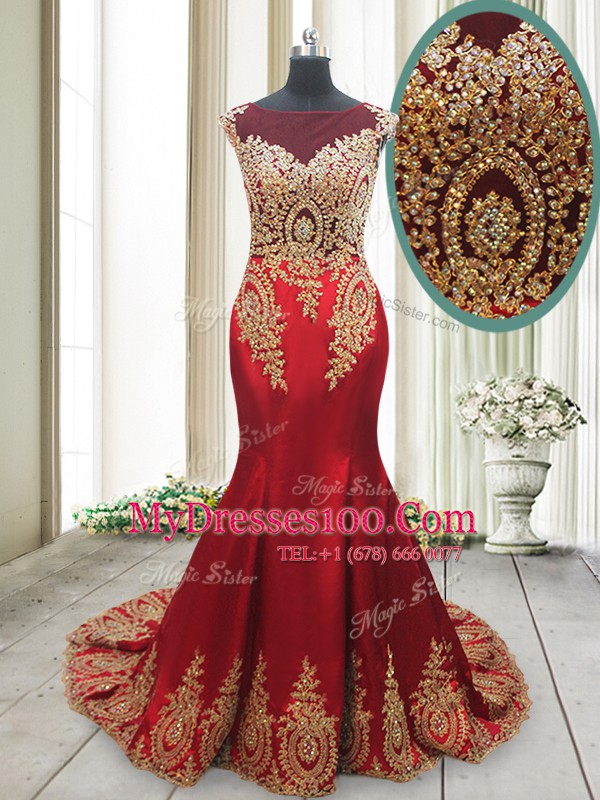 Mermaid Red Prom Party Dress Prom and Party and For with Appliques Scoop Cap Sleeves Brush Train Side Zipper