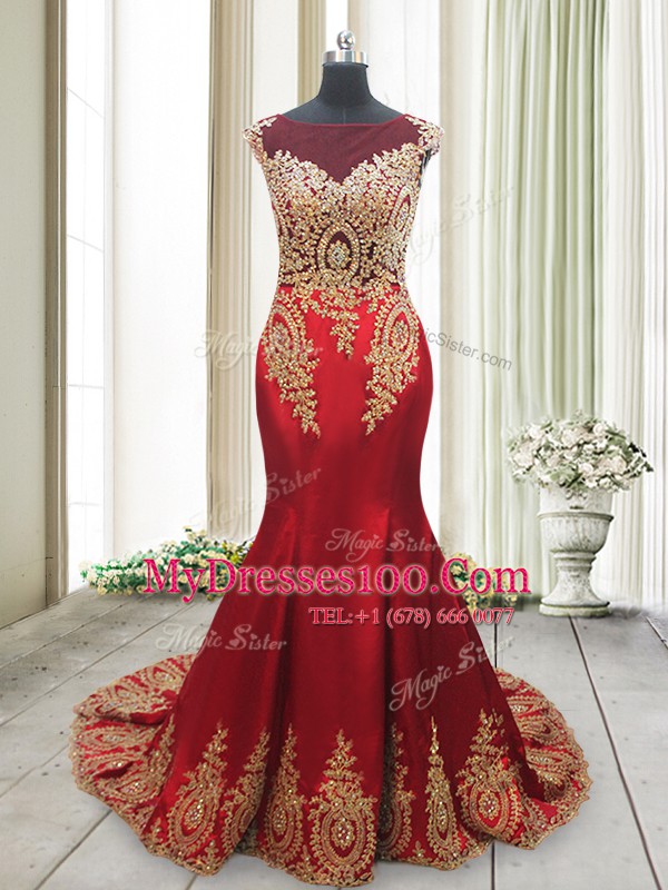 Mermaid Red Prom Party Dress Prom and Party and For with Appliques Scoop Cap Sleeves Brush Train Side Zipper