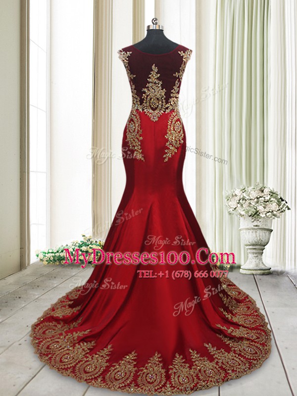 Mermaid Red Prom Party Dress Prom and Party and For with Appliques Scoop Cap Sleeves Brush Train Side Zipper