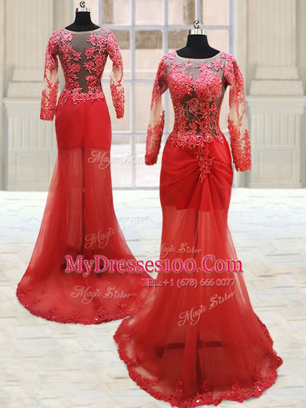 With Train Red Evening Dress Scoop Long Sleeves Side Zipper