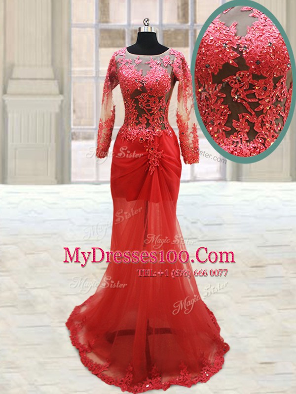 With Train Red Evening Dress Scoop Long Sleeves Side Zipper