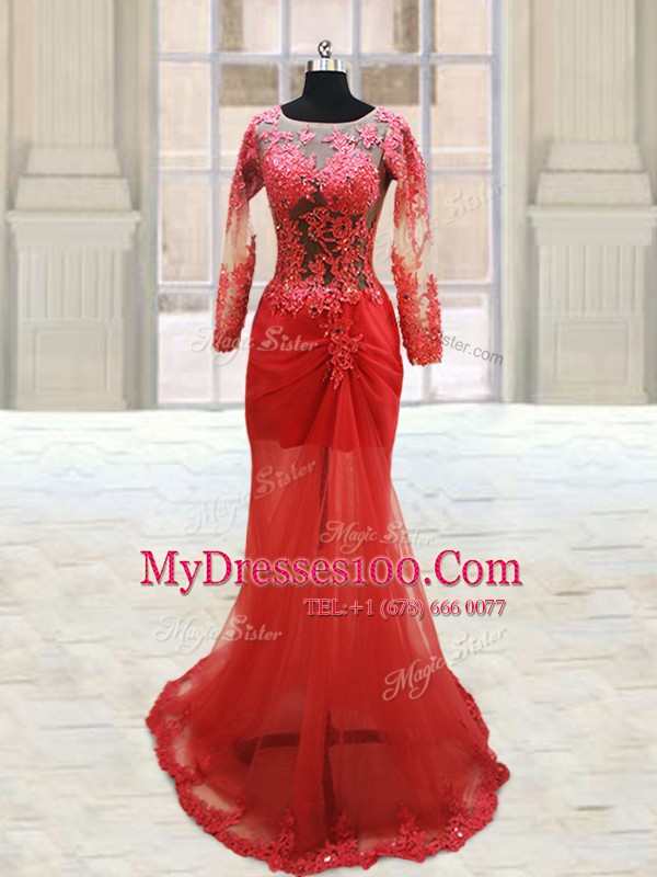 With Train Red Evening Dress Scoop Long Sleeves Side Zipper