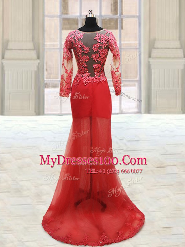 With Train Red Evening Dress Scoop Long Sleeves Side Zipper