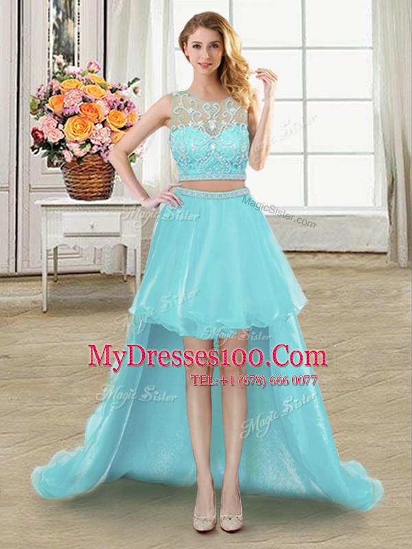 Edgy Scoop High Low Zipper Teens Party Dress Aqua Blue for Prom with Beading