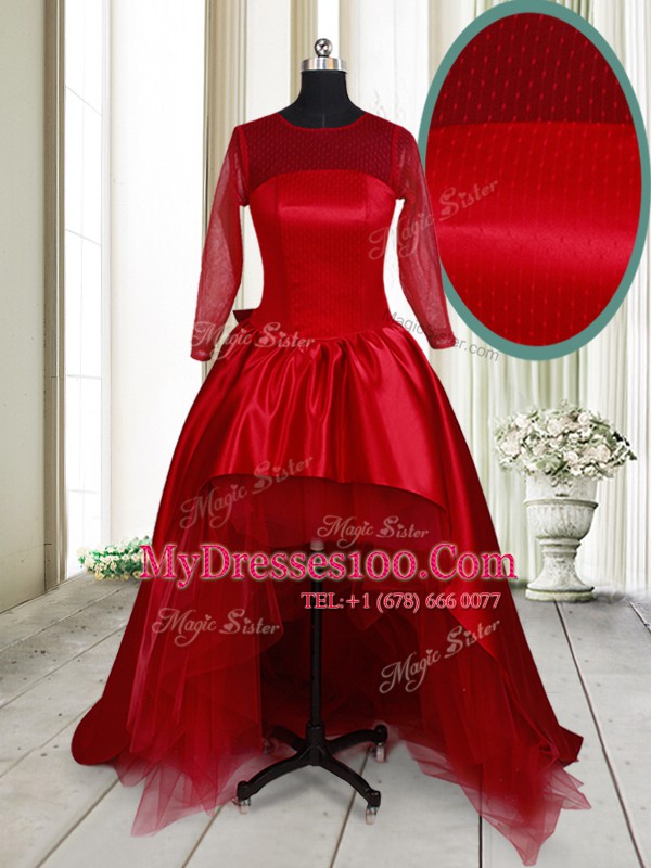 Clasp Handle Scoop Long Sleeves Party Dress High Low Bowknot Wine Red Taffeta and Tulle