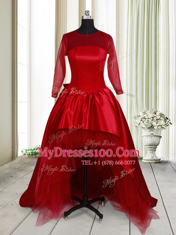 Clasp Handle Scoop Long Sleeves Party Dress High Low Bowknot Wine Red Taffeta and Tulle