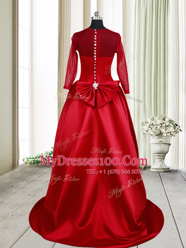 Clasp Handle Scoop Long Sleeves Party Dress High Low Bowknot Wine Red Taffeta and Tulle