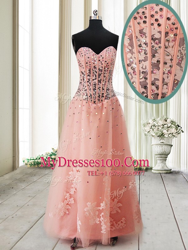 A-line Evening Gowns Peach Sweetheart Tulle Sleeveless Ankle Length Lace Up