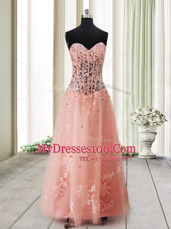 A-line Evening Gowns Peach Sweetheart Tulle Sleeveless Ankle Length Lace Up