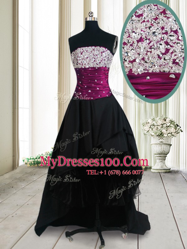 Superior Beading Prom Gown Black Lace Up Sleeveless High Low