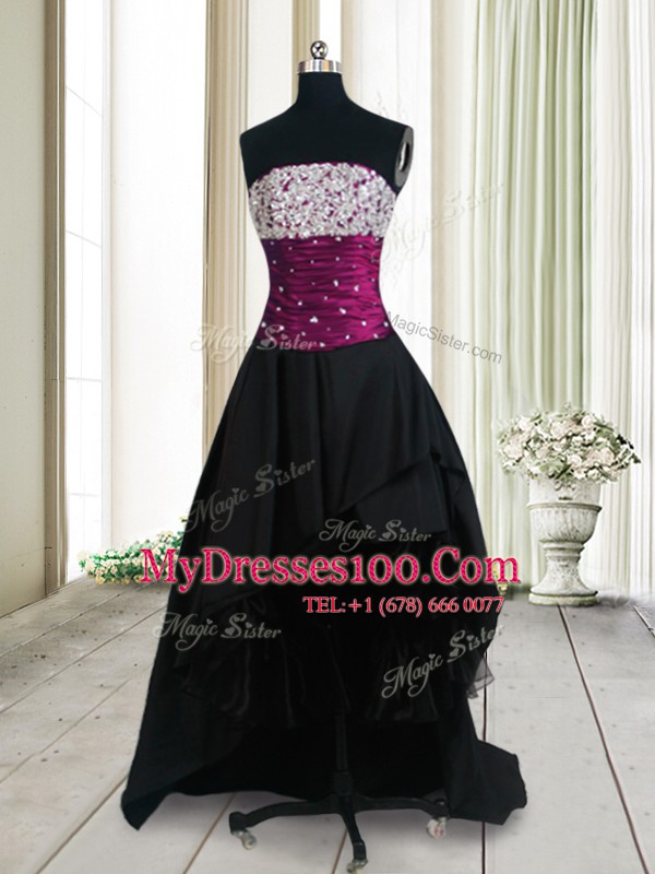 Superior Beading Prom Gown Black Lace Up Sleeveless High Low