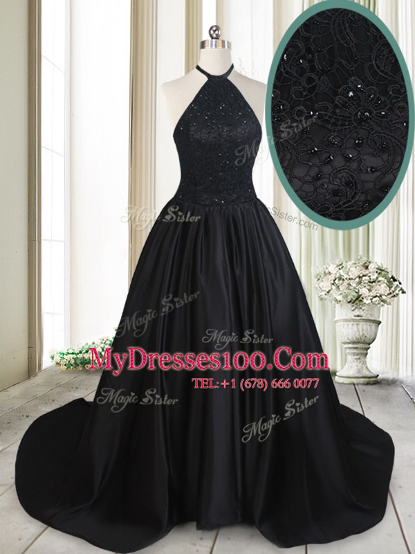 Vintage Halter Top Black Sleeveless Brush Train Beading and Lace Dress for Prom