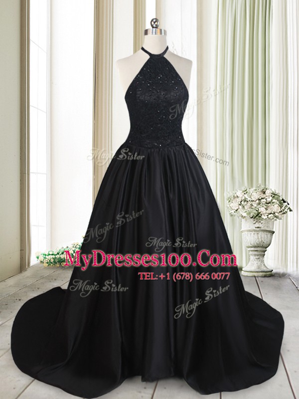 Vintage Halter Top Black Sleeveless Brush Train Beading and Lace Dress for Prom