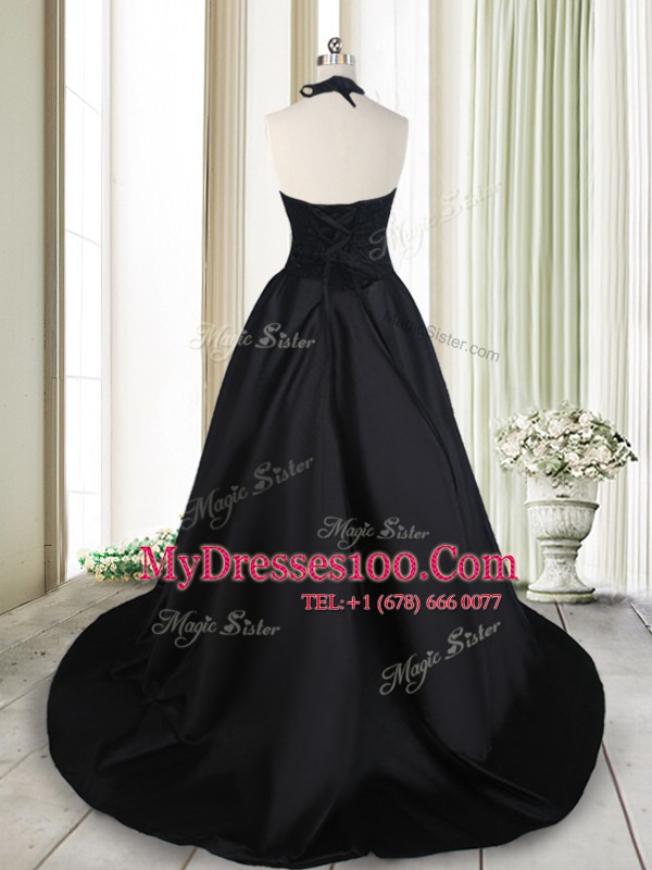 Vintage Halter Top Black Sleeveless Brush Train Beading and Lace Dress for Prom