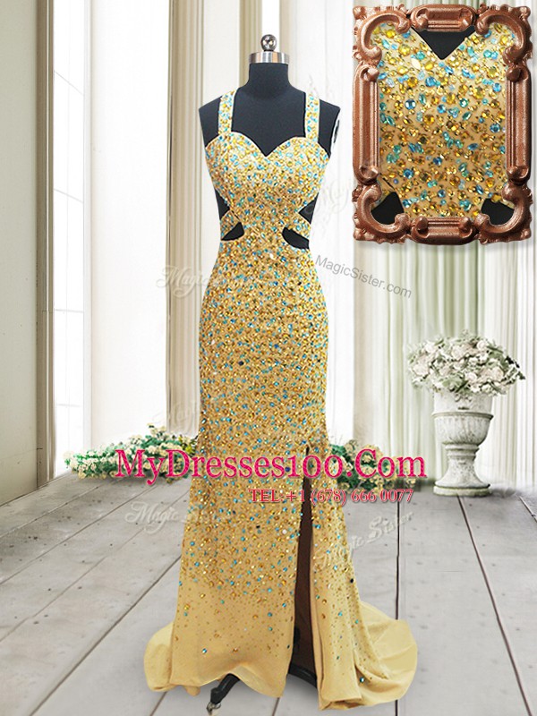 Lovely Straps Backless Formal Dresses Gold for Prom with Beading Brush Train