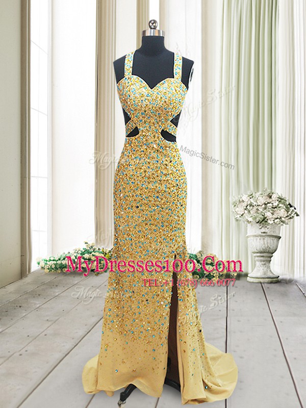 Lovely Straps Backless Formal Dresses Gold for Prom with Beading Brush Train
