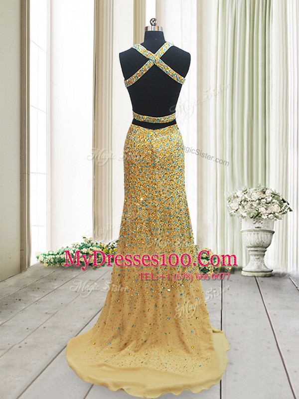 Lovely Straps Backless Formal Dresses Gold for Prom with Beading Brush Train