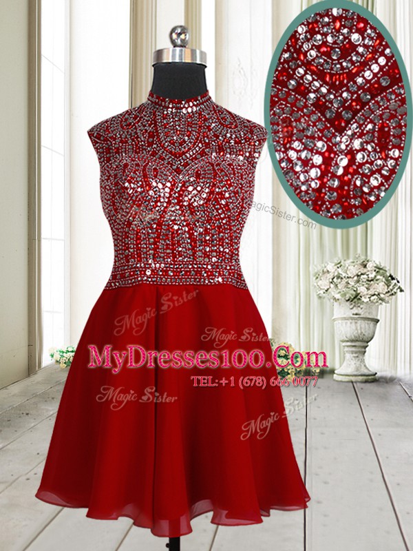 Dazzling Red Chiffon Zipper Scoop Sleeveless Mini Length Party Dresses Beading and Sequins