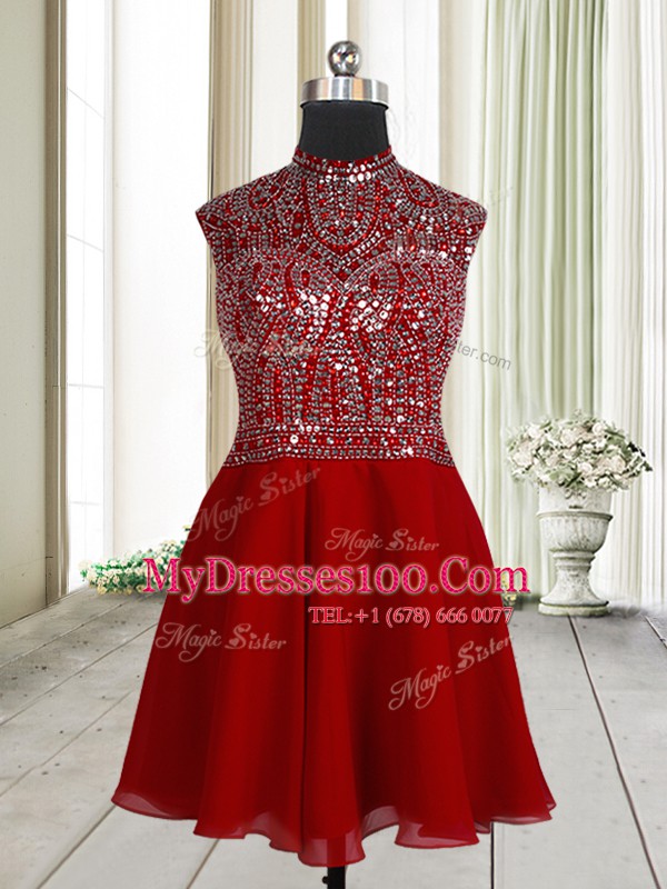 Dazzling Red Chiffon Zipper Scoop Sleeveless Mini Length Party Dresses Beading and Sequins