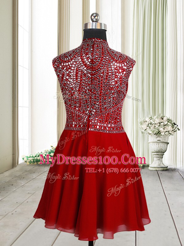 Dazzling Red Chiffon Zipper Scoop Sleeveless Mini Length Party Dresses Beading and Sequins