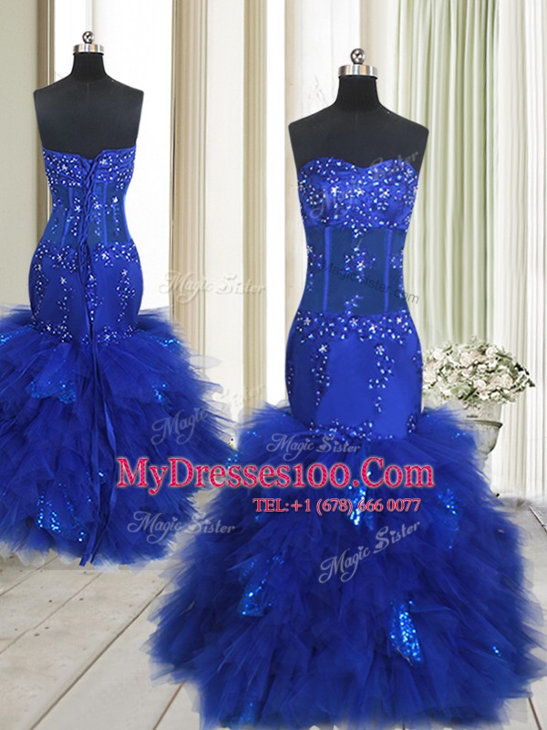 Discount Royal Blue Mermaid Beading and Ruffles Womens Evening Dresses Lace Up Tulle Sleeveless Floor Length