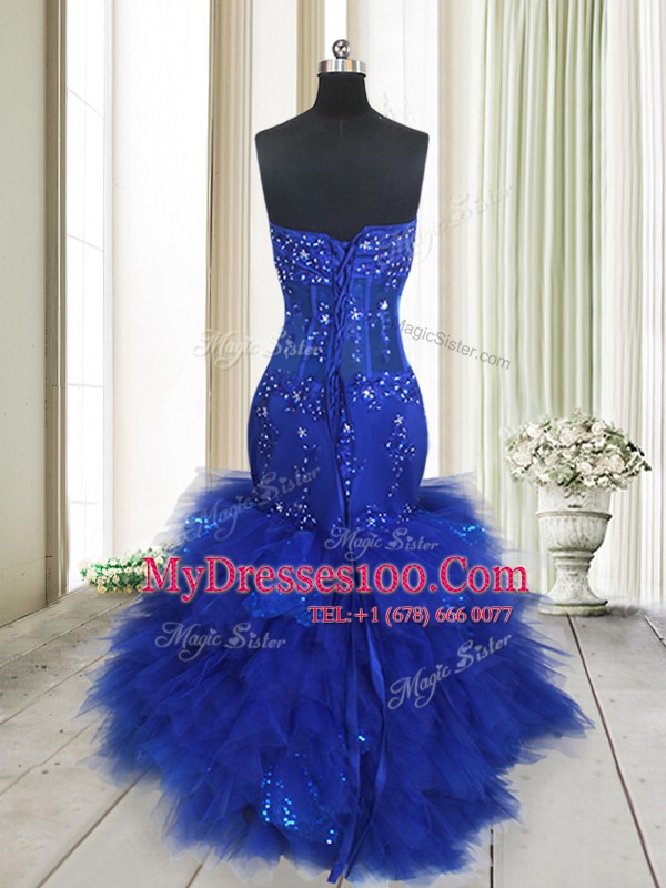 Discount Royal Blue Mermaid Beading and Ruffles Womens Evening Dresses Lace Up Tulle Sleeveless Floor Length