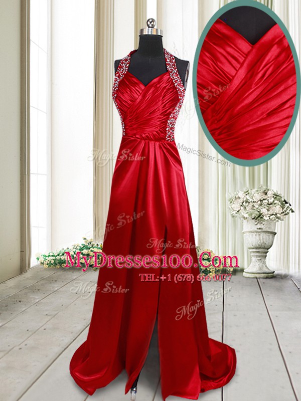 Halter Top Criss Cross Elastic Woven Satin Sleeveless Prom Gown Brush Train and Beading