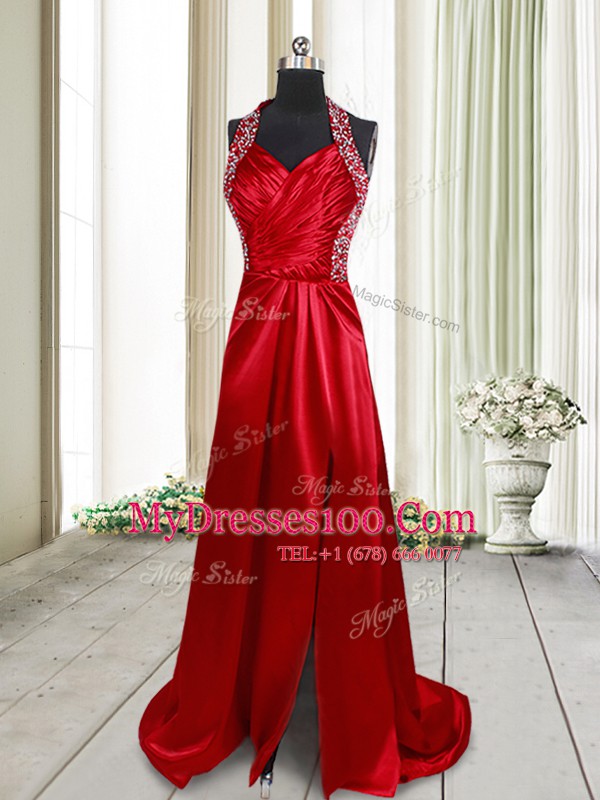 Halter Top Criss Cross Elastic Woven Satin Sleeveless Prom Gown Brush Train and Beading