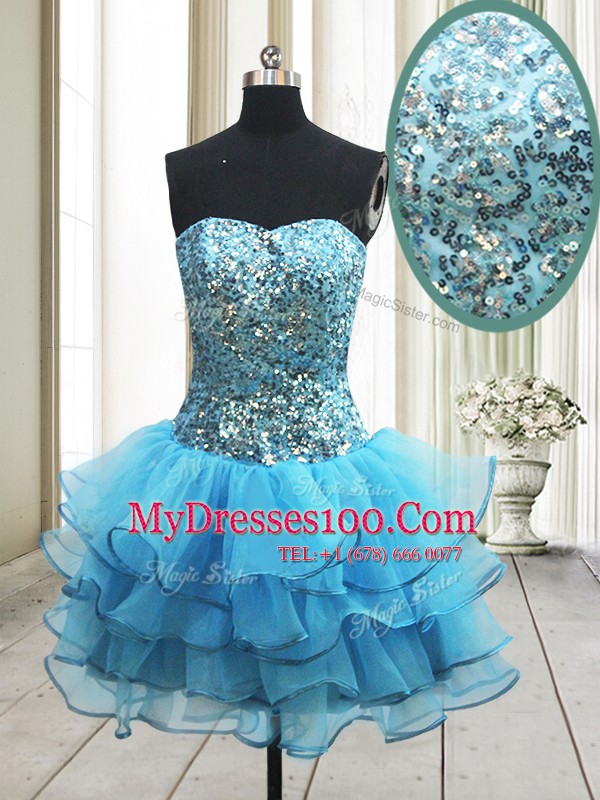 Eye-catching Organza Sweetheart Sleeveless Zipper Sequins Dress for Prom in Baby Blue
