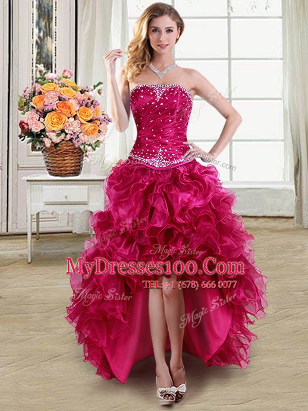 Nice Fuchsia Sleeveless High Low Beading and Ruffles Lace Up Military Ball Gowns