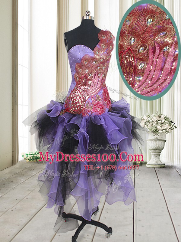 Fantastic Multi-color Organza and Tulle Zipper One Shoulder Sleeveless Asymmetrical Prom Dresses Beading and Appliques
