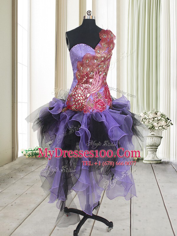 Fantastic Multi-color Organza and Tulle Zipper One Shoulder Sleeveless Asymmetrical Prom Dresses Beading and Appliques